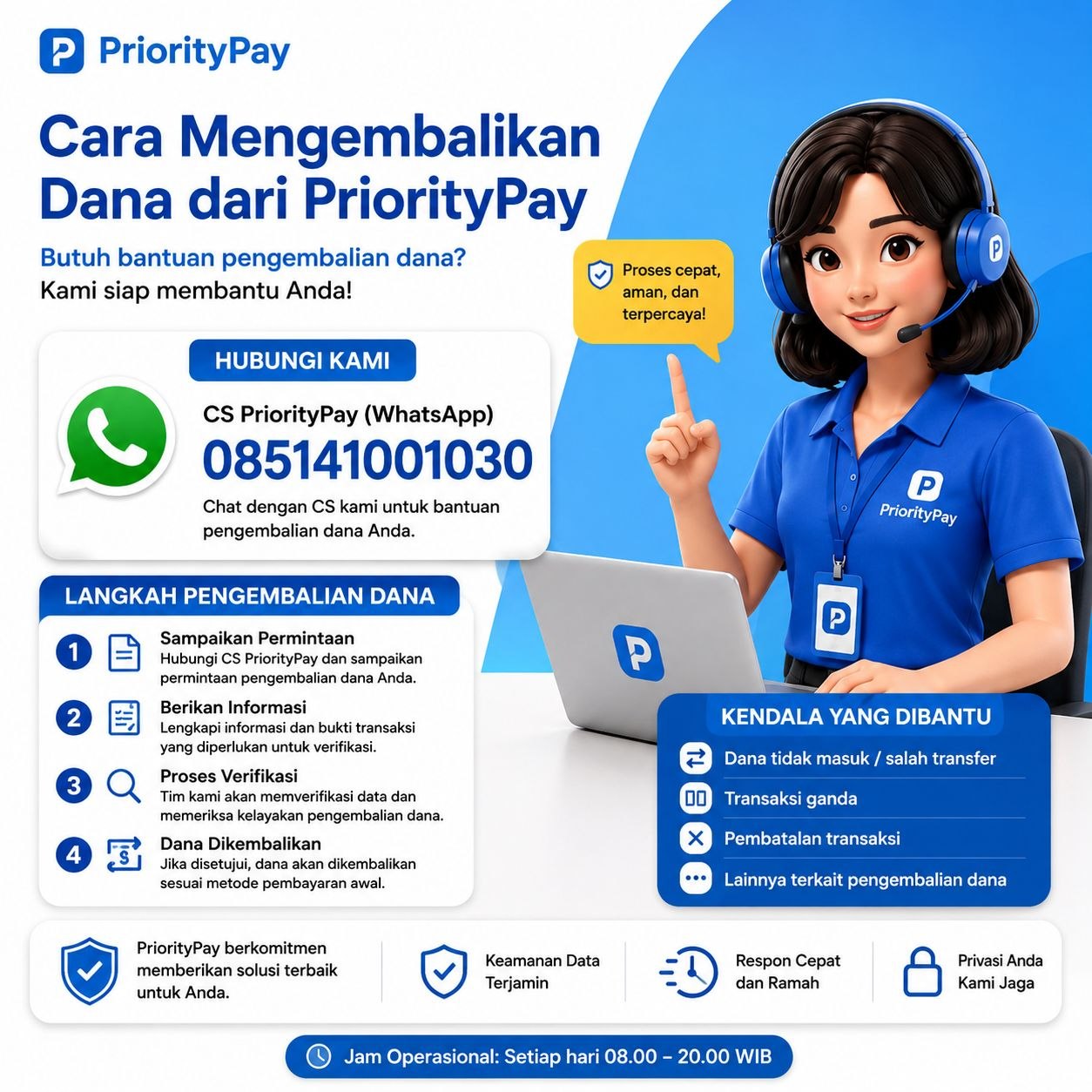 Priority Valasindo menyediakan layanan informasi dan bantuan pelanggan terkait transaksi, pengajuan pengembalian dana, serta layanan customer service. Untuk bantuan lebih lanjut, hubungi WhatsApp/Call Center di 0851-4100-1030 dengan menyiapkan nomor transaksi dan data pendukung agar proses verifikasi dapat dilakukan lebih cepat.